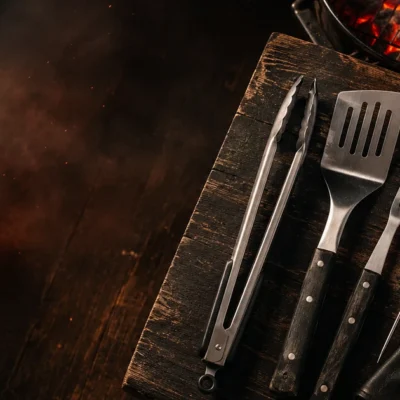 Εργαλεία BBQ: λαβίδα, σπάτουλα, πιρούνα και θερμόμετρο ψησίματος δίπλα σε αναμμένη ψησταριά κάρβουνου