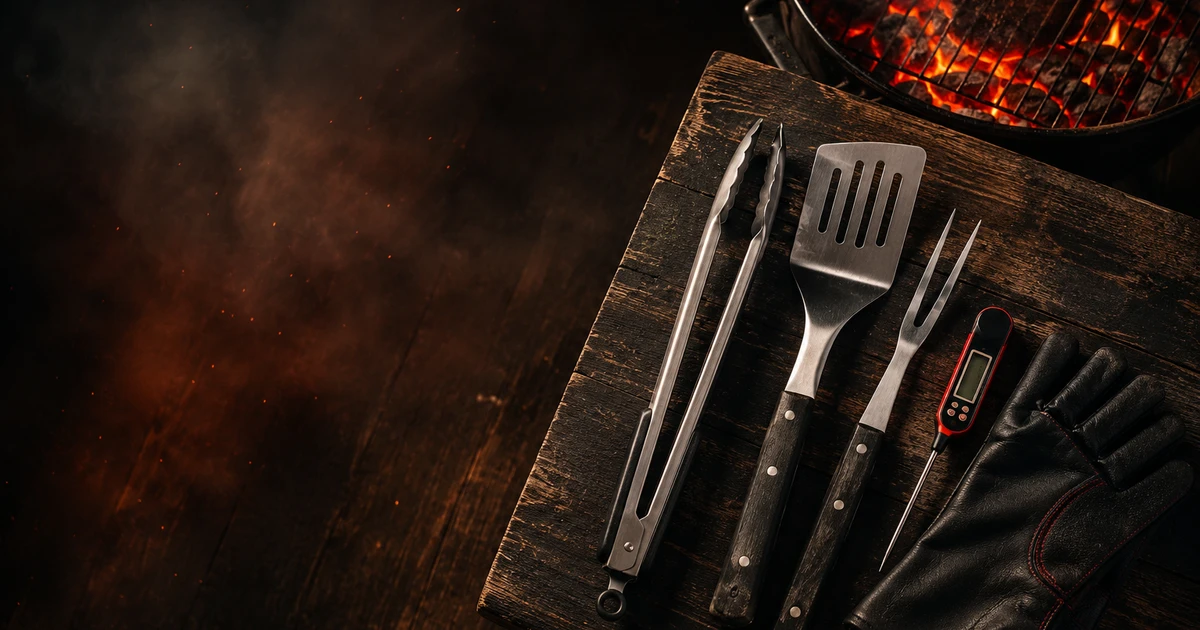 Εργαλεία BBQ: λαβίδα, σπάτουλα, πιρούνα και θερμόμετρο ψησίματος δίπλα σε αναμμένη ψησταριά κάρβουνου