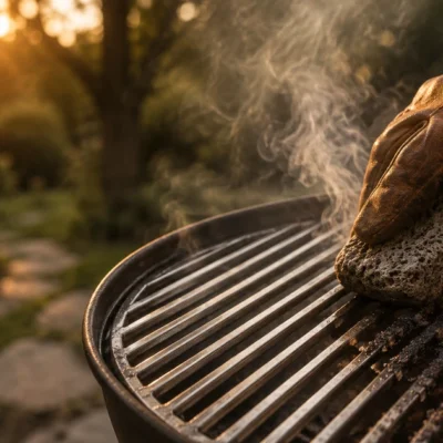 Καθάρισμα σχάρας BBQ με ελαφρόπετρα καθαρισμού πάνω σε ζεστή σχάρα