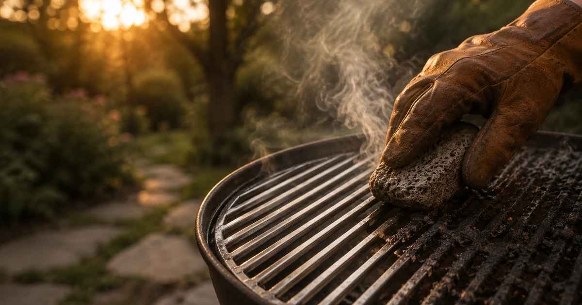 Καθάρισμα σχάρας BBQ με ελαφρόπετρα καθαρισμού πάνω σε ζεστή σχάρα